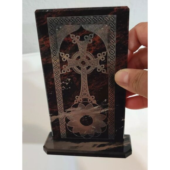 Celtic Cross Silver Print on Glass 6" Stand Mahogany Obsidian ? Alter Safe Space - Picture 6 of 13
